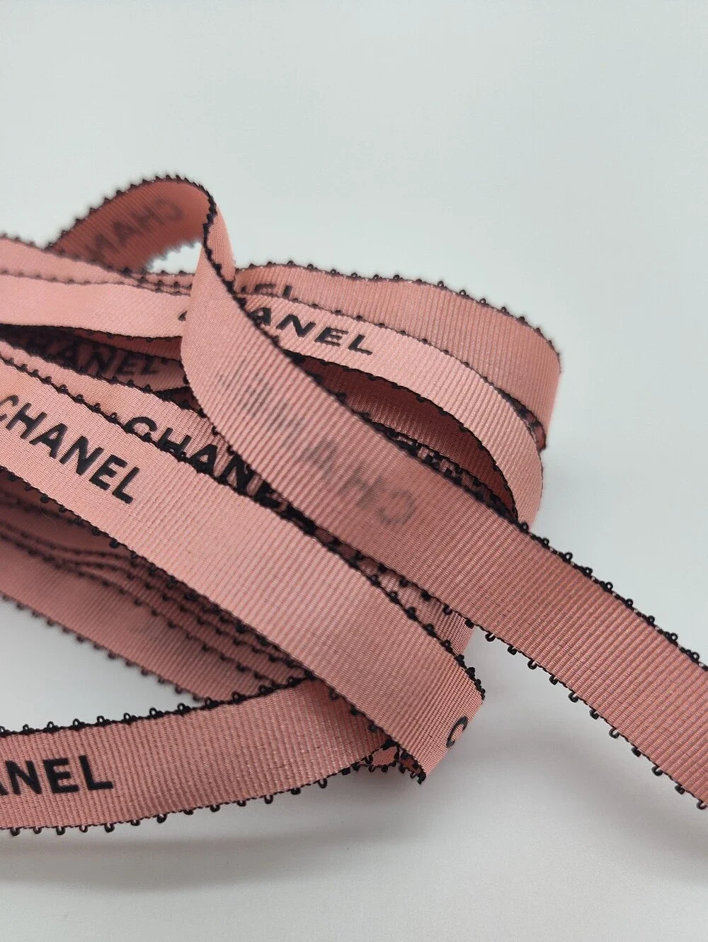 CHANEL Blush Pink Black Logo Ribbon 3.28 Yards Picot Edge Collector Ribbon